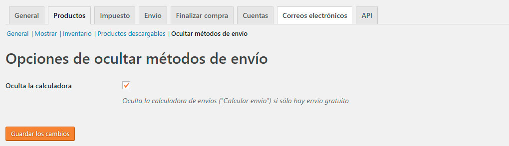 Ocultar calculadora de métodos de envío