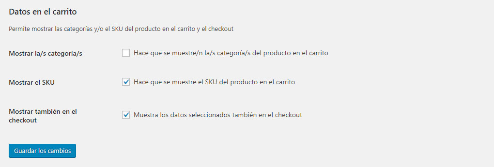 Opciones para mostrar datos del producto en el carrito y el checkout