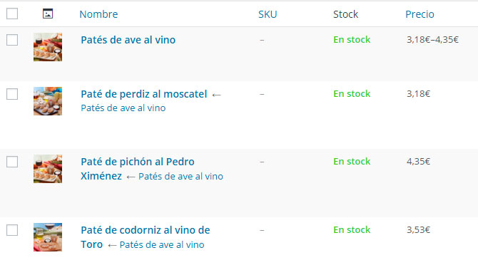 Listado de productos agrupados