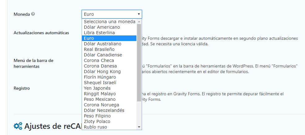 Las monedas en Gravity Forms