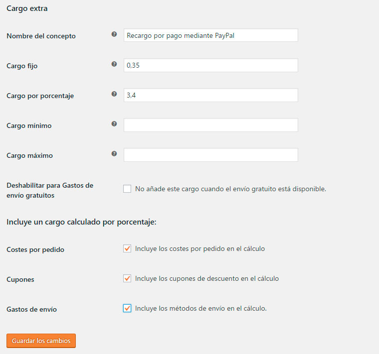 Recargo por pago mediante PayPal