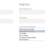 Selector con las opciones en el formulario de registro
