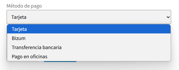 Selector con métodos de pago offline