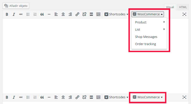 Shortcodes de WooCommerce en el editor de WordPress
