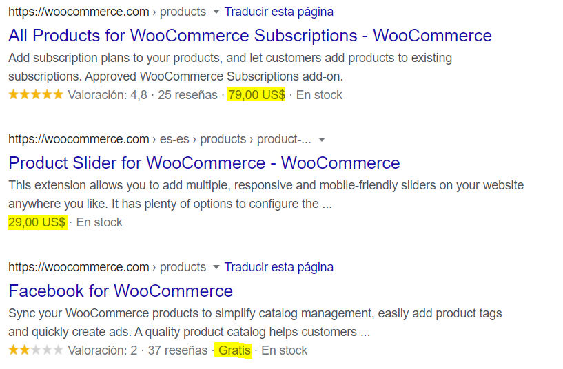 Precio del producto en los resultados de Google